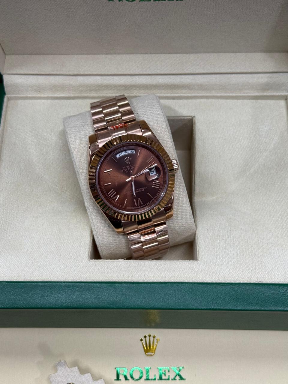 DayDate | Rose Chain | Pearl Digit | Light Brown Dial