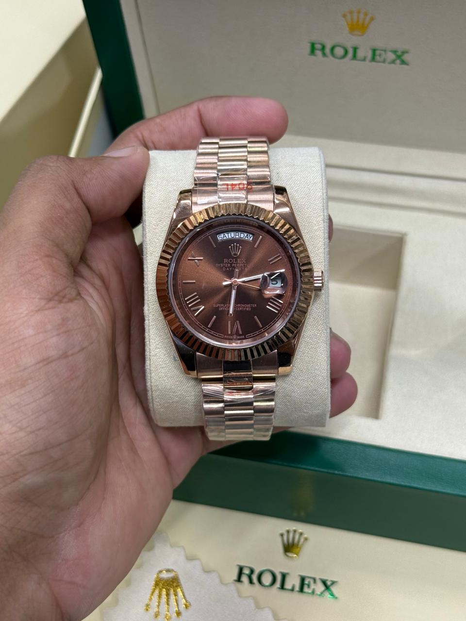 DayDate | Rose Chain | Pearl Digit | Light Brown Dial