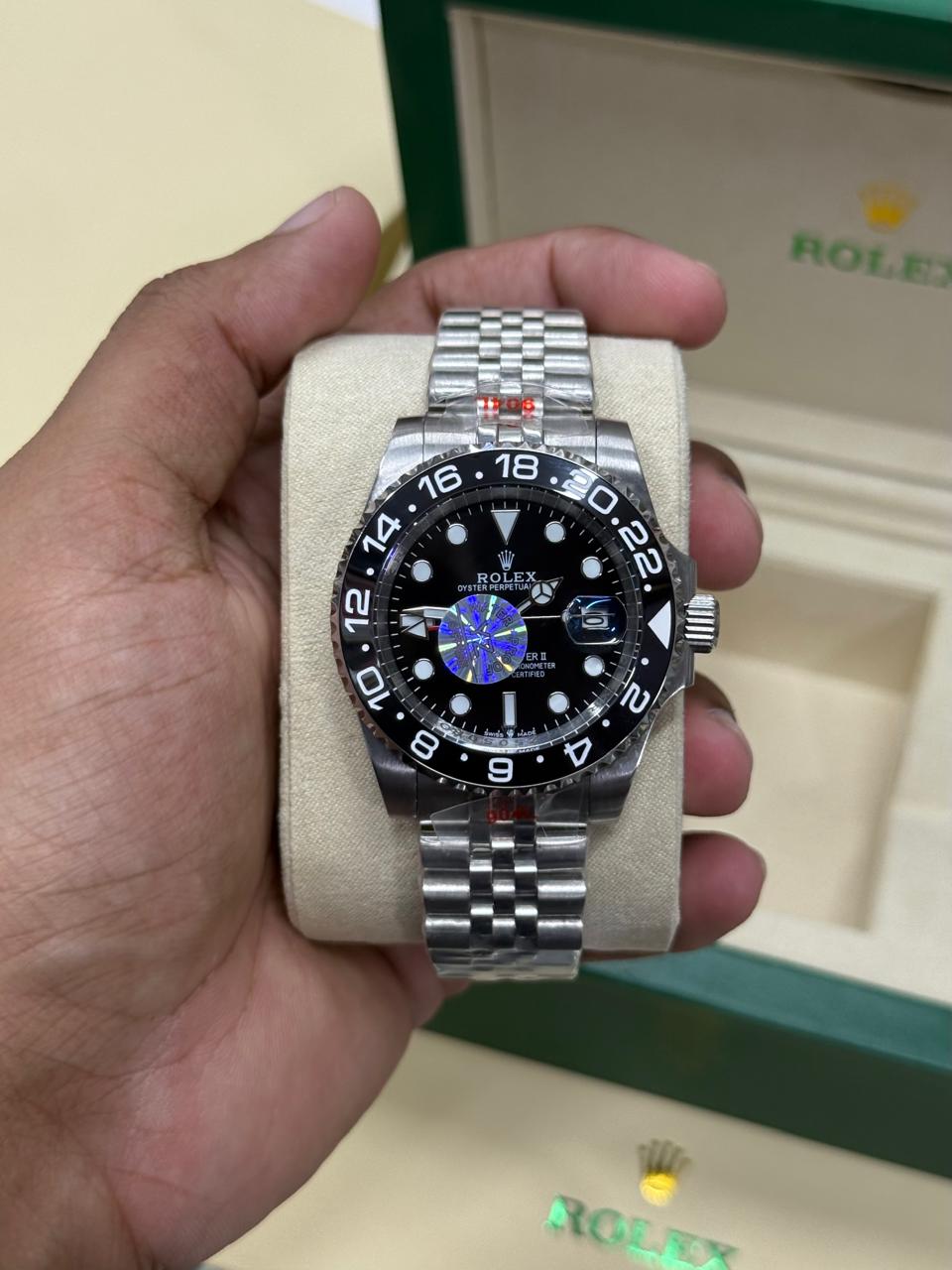 GMT II Black | Silver Jubilee Chain | Black Dial